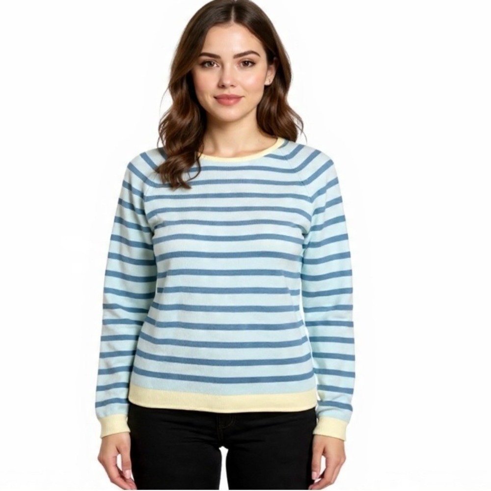 Eddie Bauer Striped Cotton Sweater Womens L Blue Yellow Boat Neck 3/4 Sleeve $79